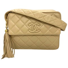 Chanel Vintage Beige Quilted Lambskin Leather Camera Bag with Gold Hardware