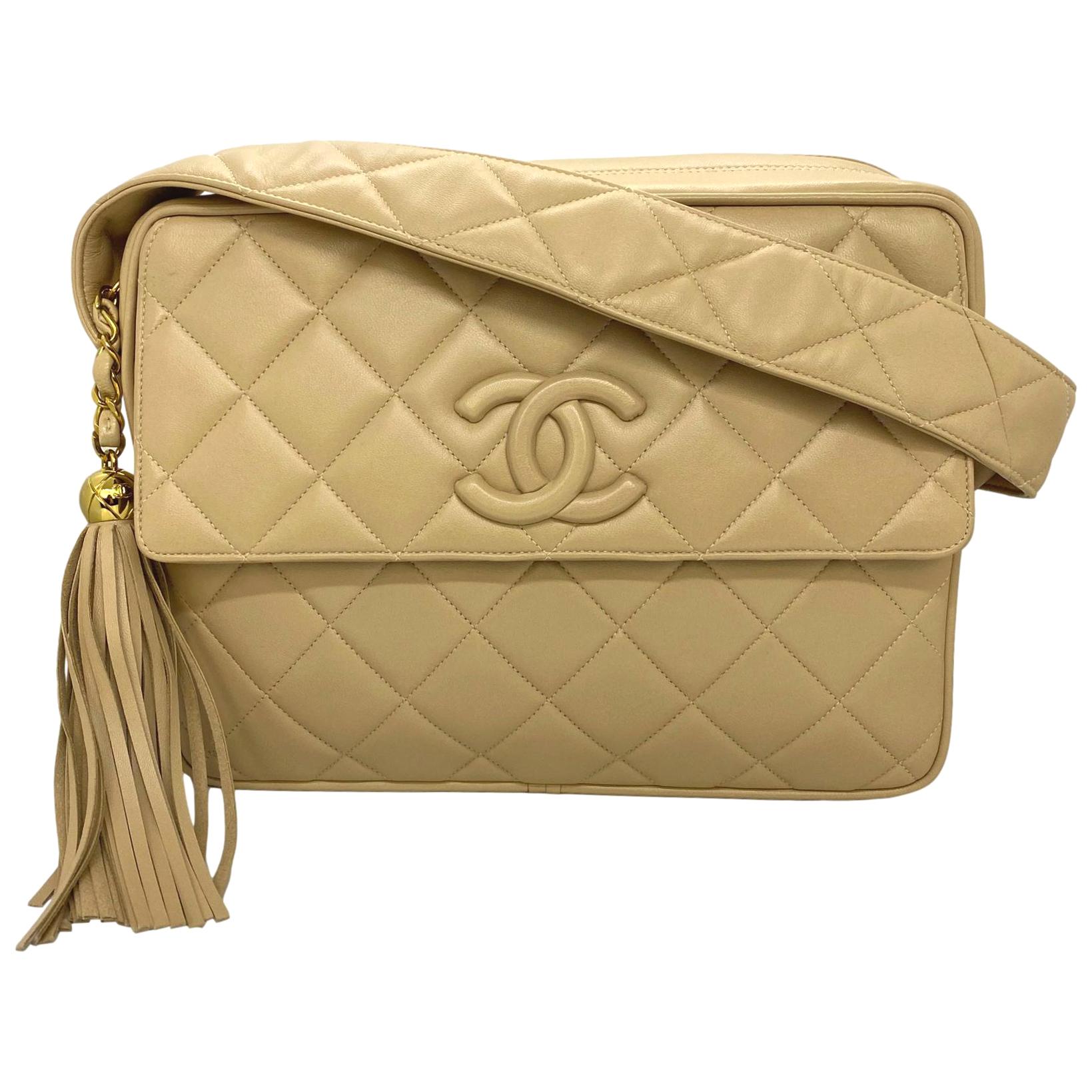 Chanel Vintage Beige Quilted Lambskin Leather Camera Bag with