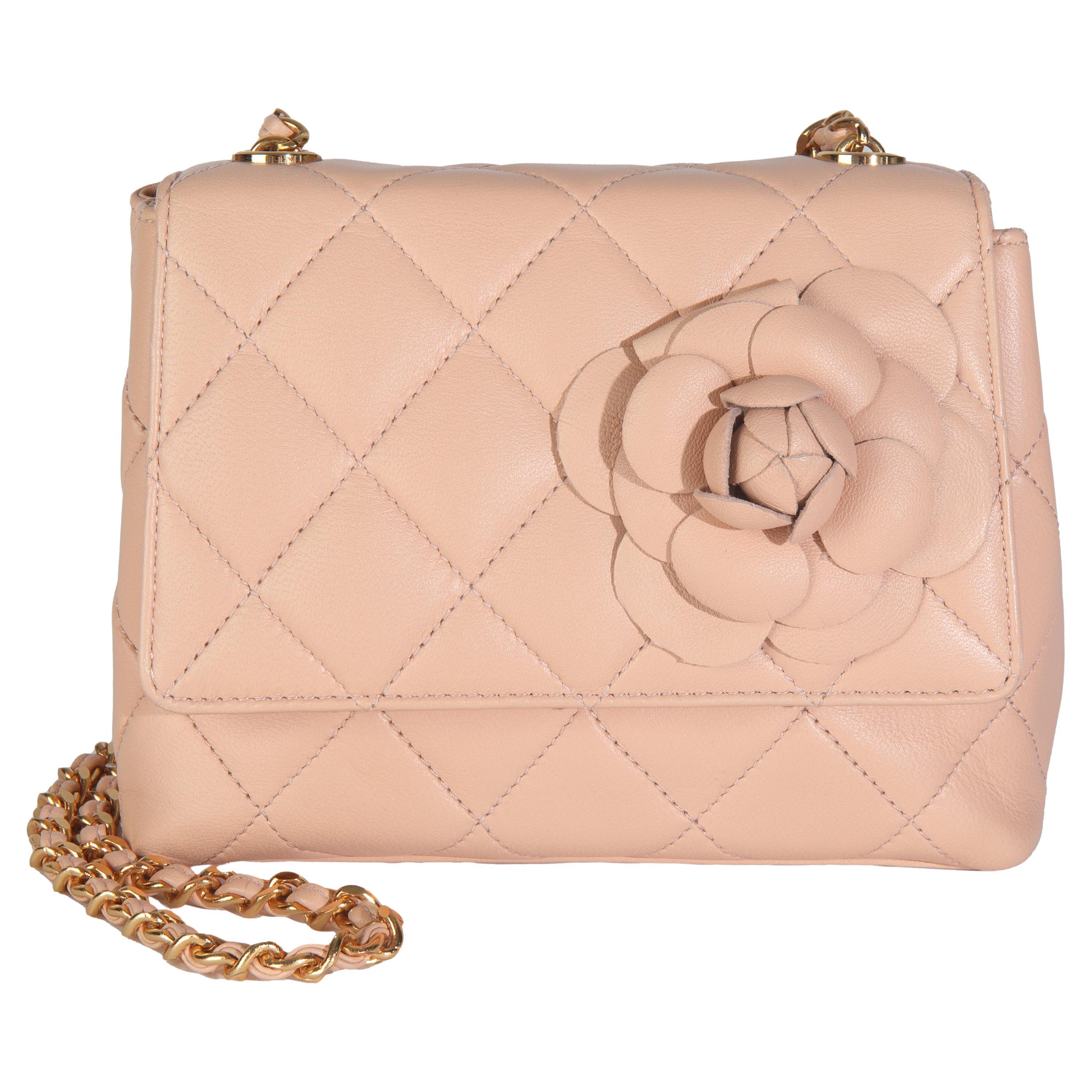 Borsa Chanel Vintage Beige trapuntata in pelle d'agnello Mini Camellia Flap