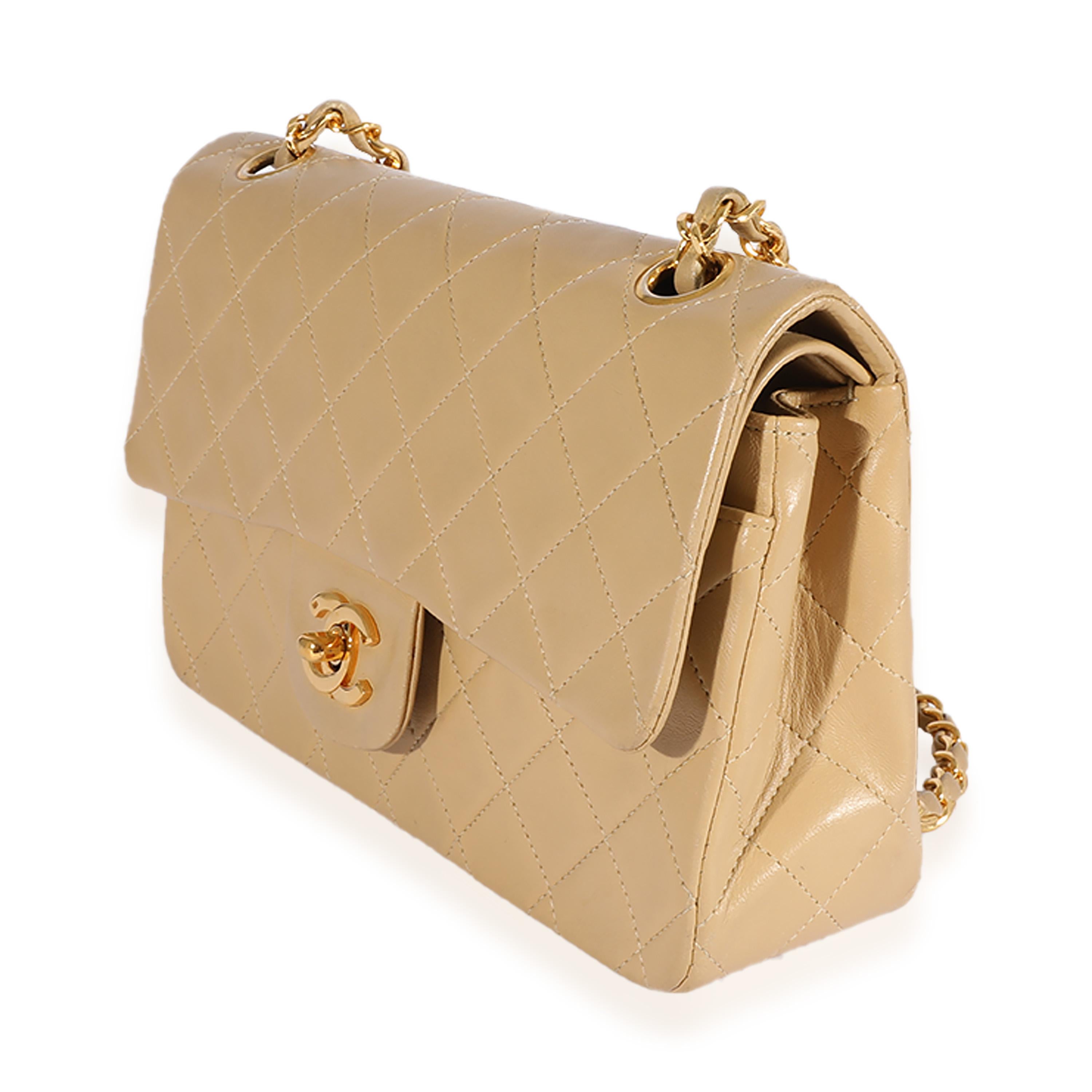 Chanel Vintage Beige Quilted Lambskin Small Classic Double Flap Bag In Excellent Condition In New York, NY
