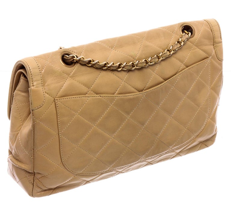 Chanel Vintage Beige Quilted Leather CC Double Flap Bag For Sale at 1stDibs