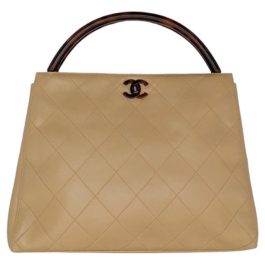 Chanel Vintage Beige Quilted Tortoise Motif Handle Bag