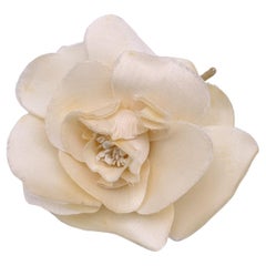 Chanel Vintage Beige Silk Camellia Camelia Bow Brooch
