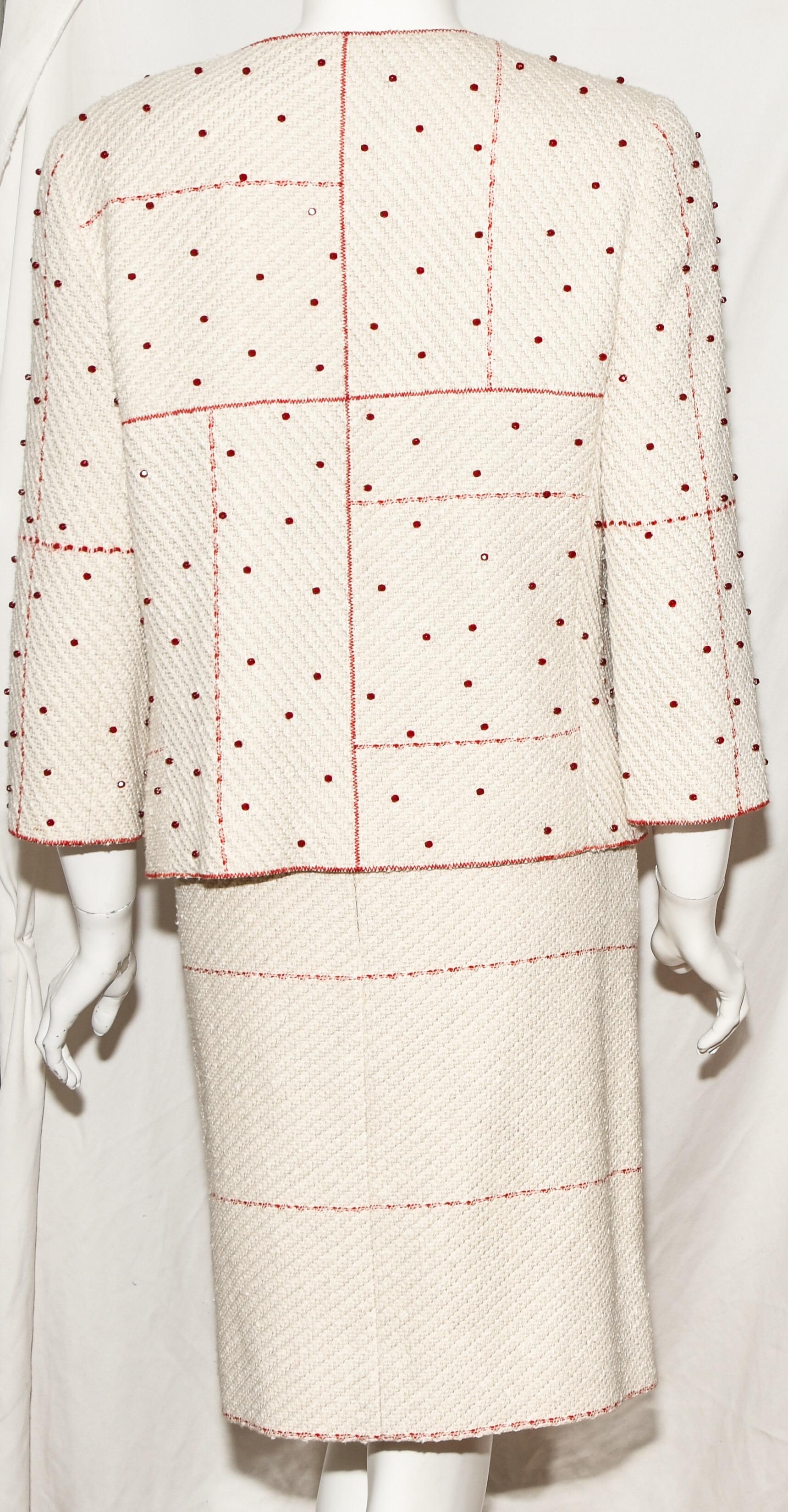beige and red suit