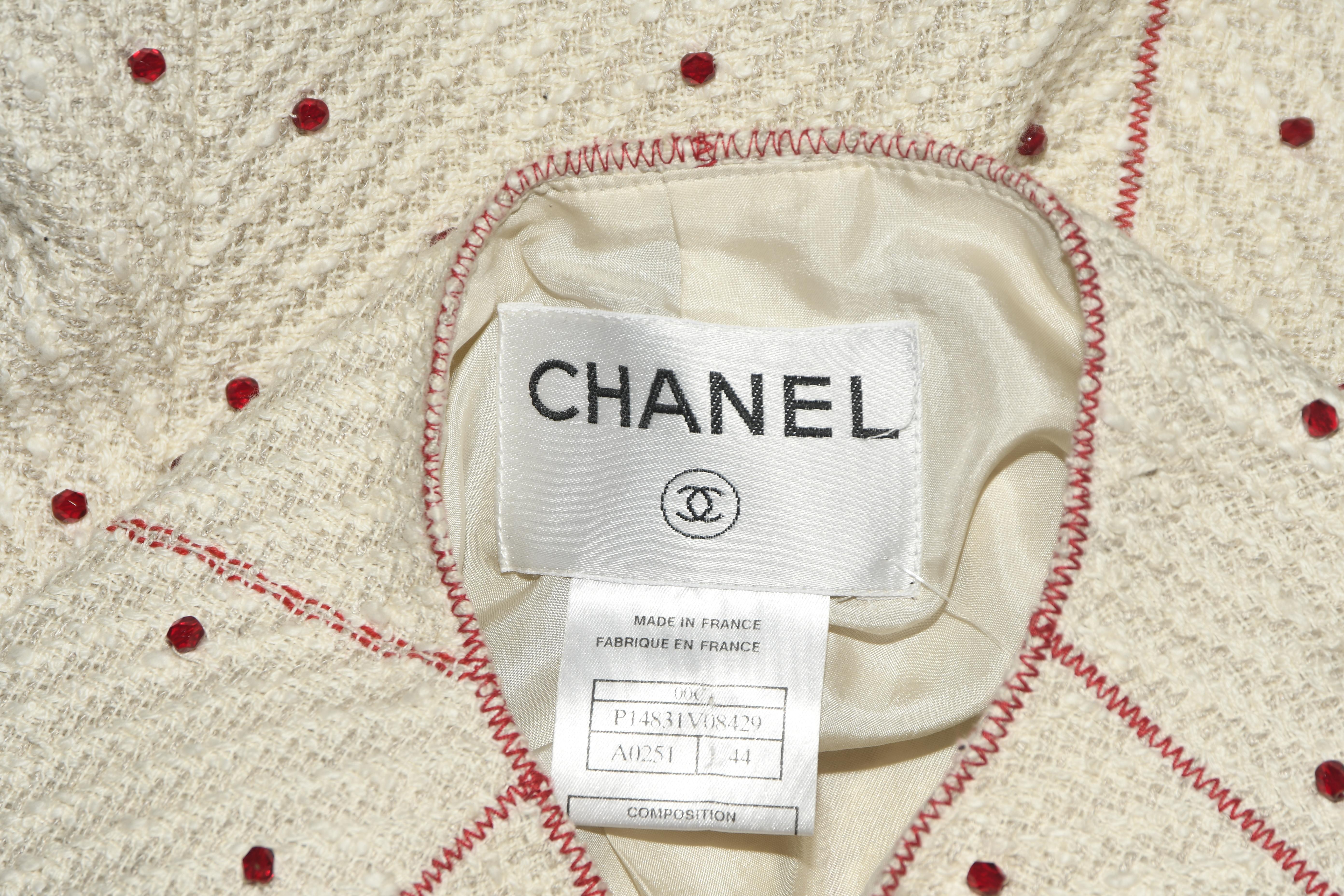Chanel Vintage Beige Suit Embellished with Red Beads Throughout Jacket In Excellent Condition In Palm Beach, FL