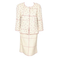 Chanel Vintage Beige Suit Embellished with Red Beads Throughout Jacket