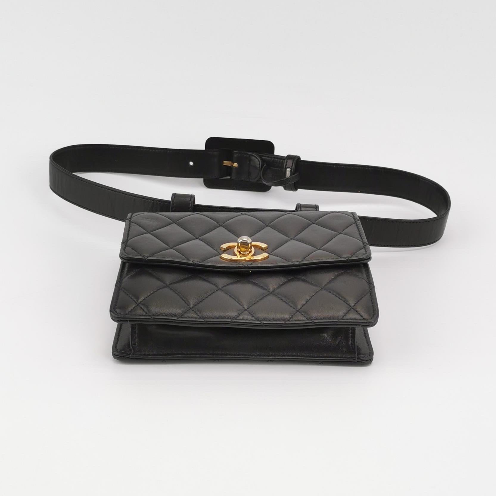 CONDITION: VERY GOOD

Scuffs around corners, strap, flap. Hardware is tarnished. Light stains. 

DETAILS

Chanel 

Circa 1989-1991
Lambskin leather
Black
Gold-tone hardware

Width 15.5cm x Height 13.5cm x Depth 5cm 
