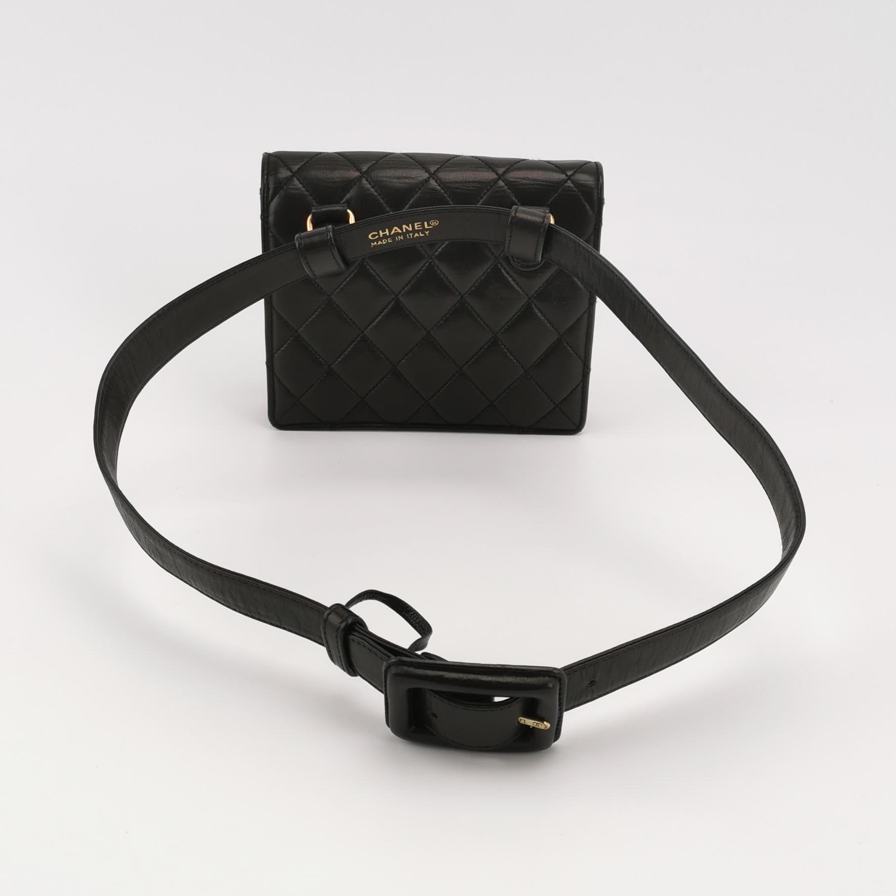 Women's Chanel Vintage Belt Bag Mini Black Lambskin Leather Gold-tone Hardware For Sale