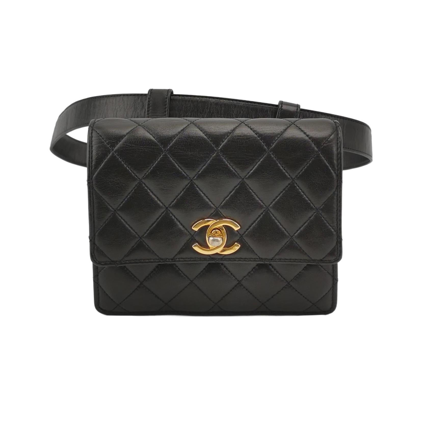 Chanel Vintage Belt Bag Mini Black Lambskin Leather Gold-tone Hardware For Sale