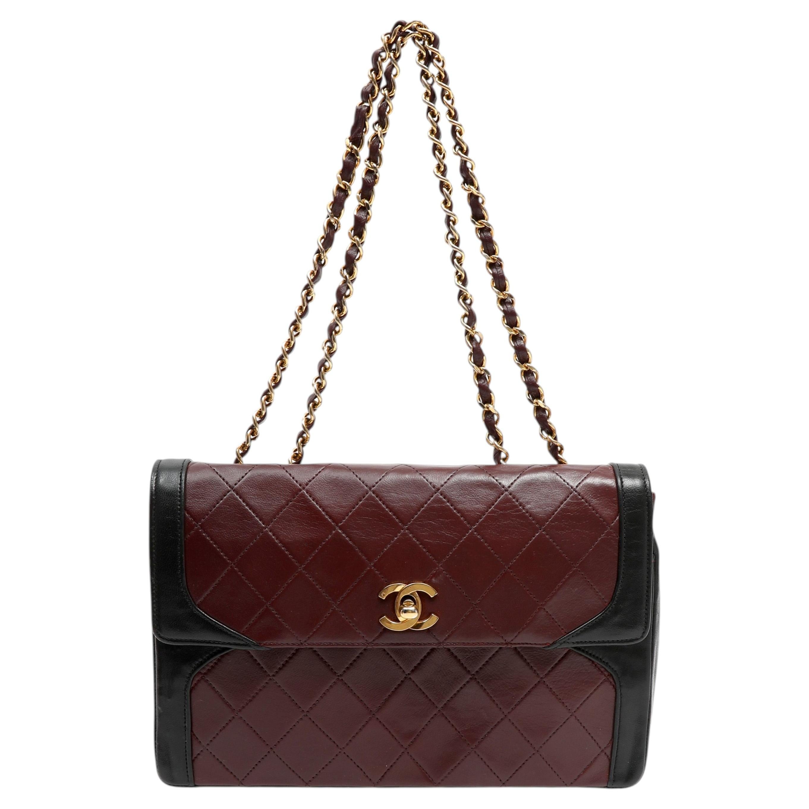 Chanel Vintage Bicolor Burgundy Black Lambskin Flap Bag