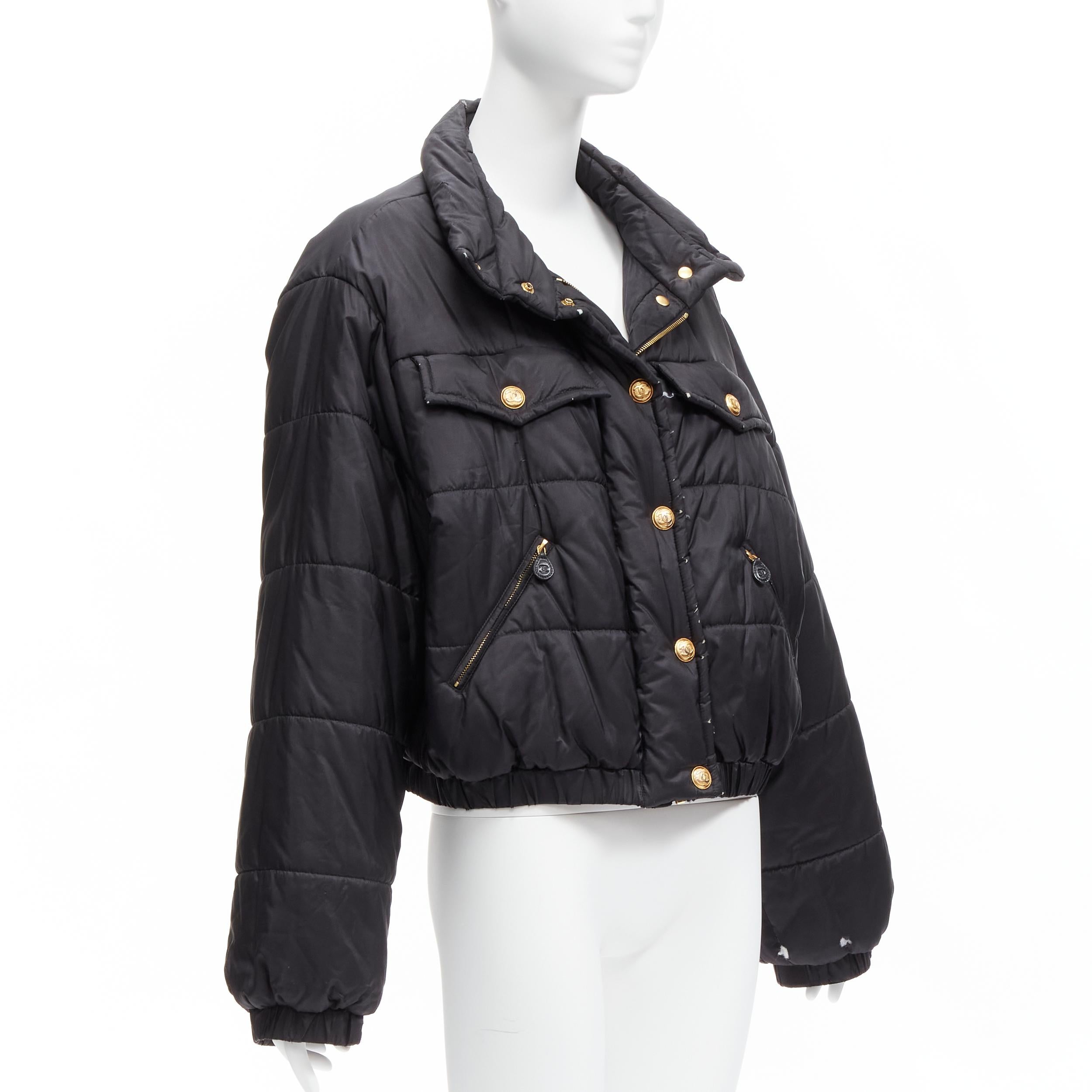 Women's CHANEL vintage black 100% silk gold CC logo button cropped bomber jacket FR40 L