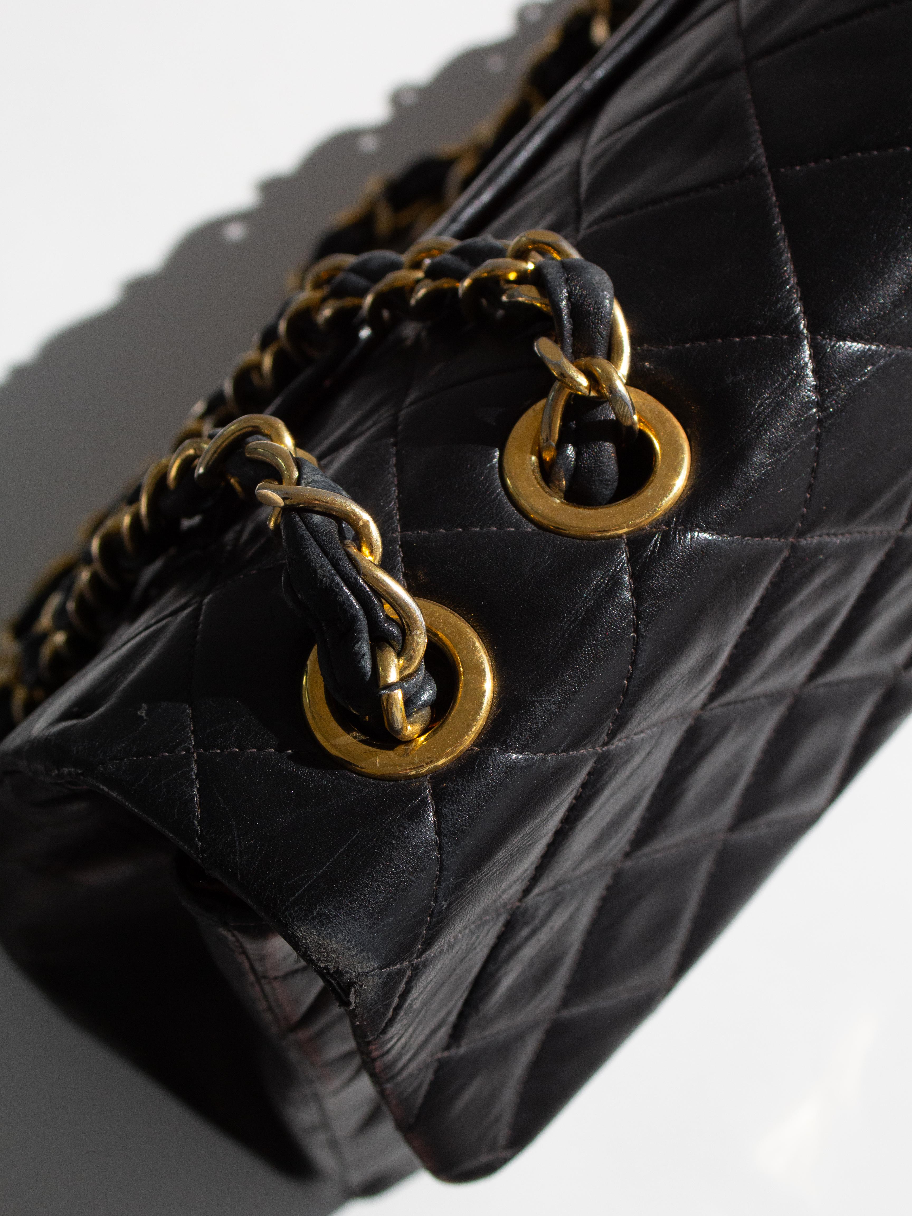 Chanel Vintage Black 24K Gold Quilted Lambskin Jumbo XL Maxi Classic Flap Bag For Sale 8