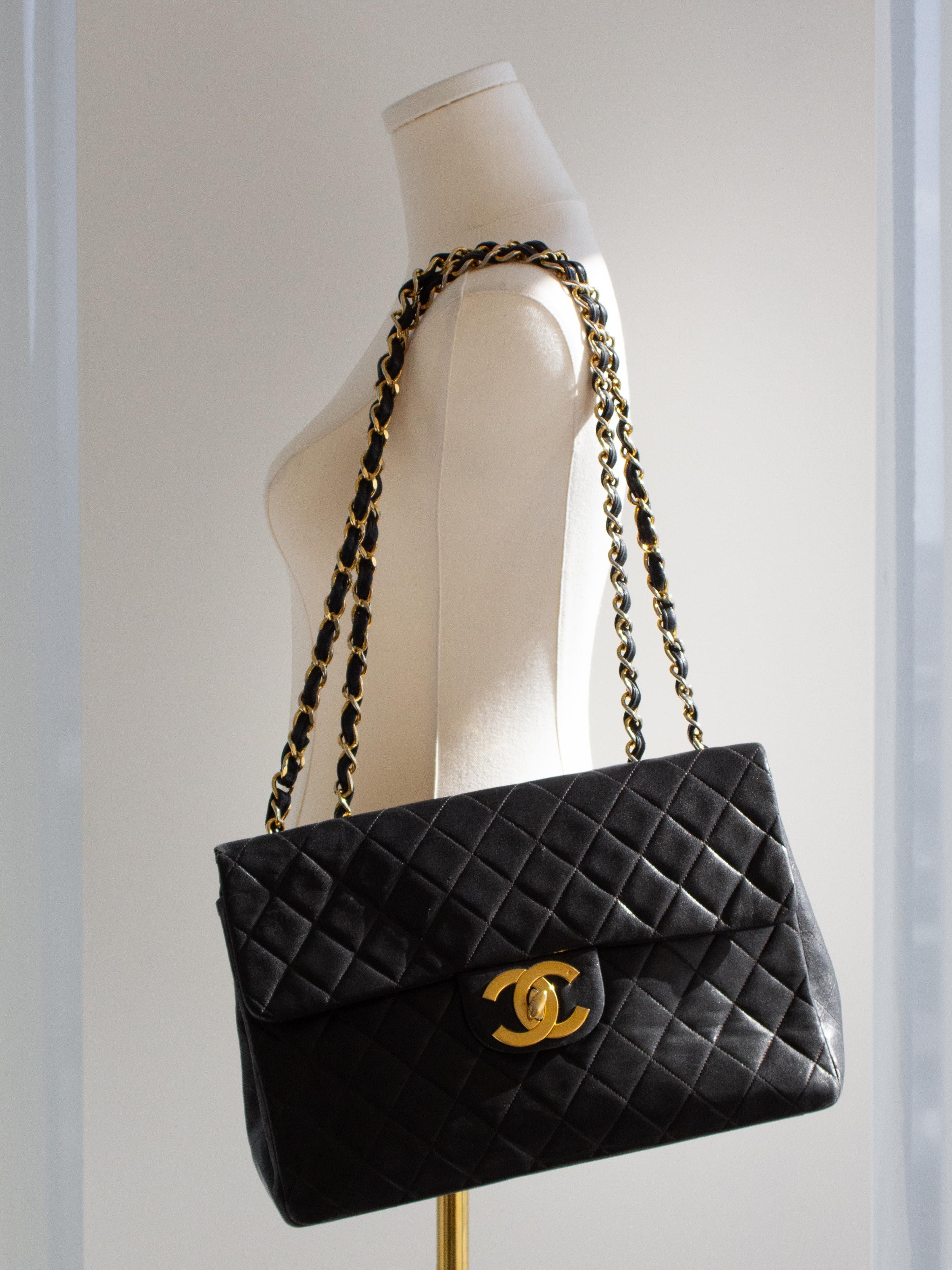 Chanel Vintage Black 24K Gold Quilted Lambskin Jumbo XL Maxi Classic Flap Bag For Sale 16