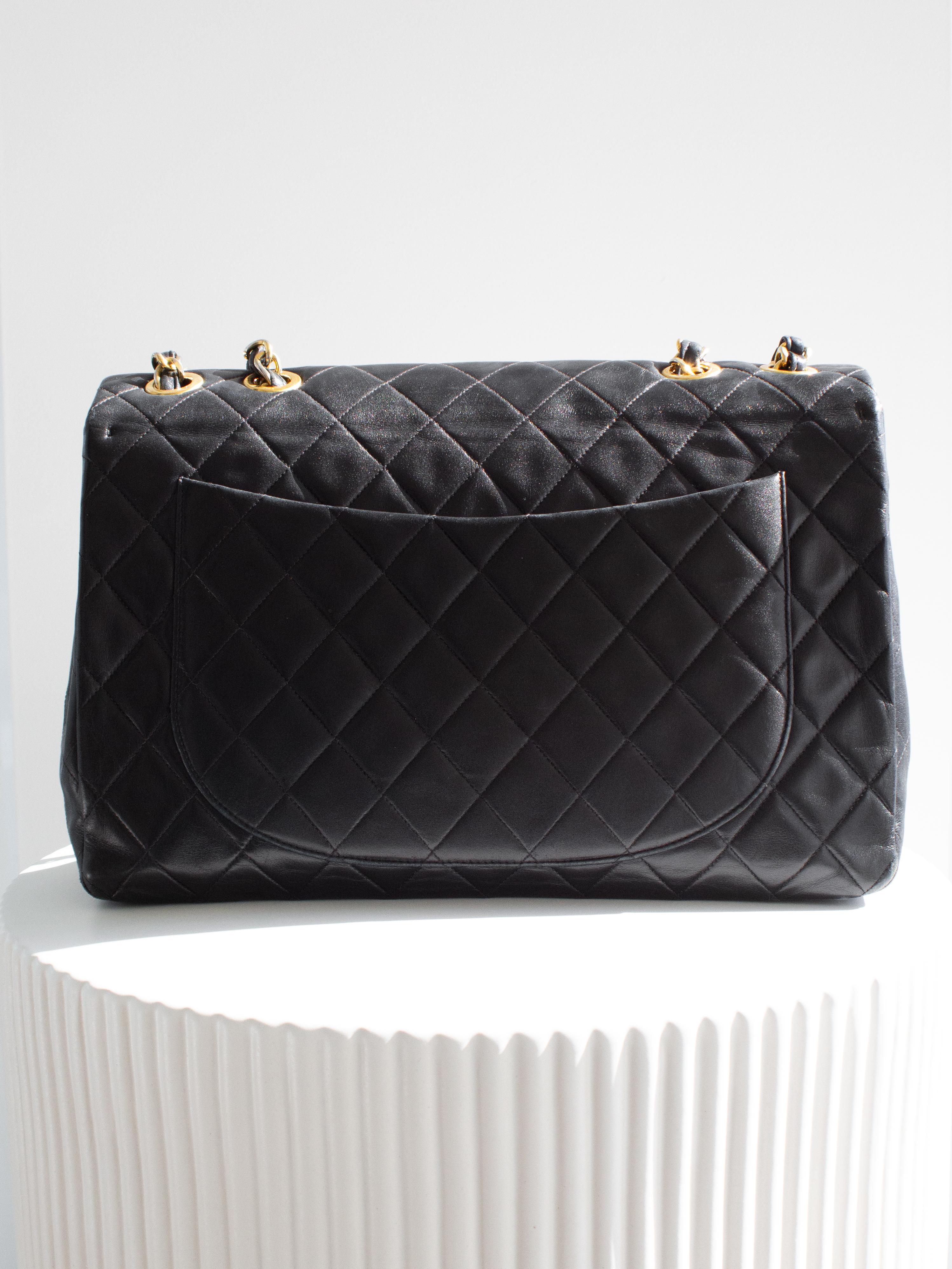 Women's Chanel Vintage Black 24K Gold Quilted Lambskin Jumbo XL Maxi Classic Flap Bag For Sale
