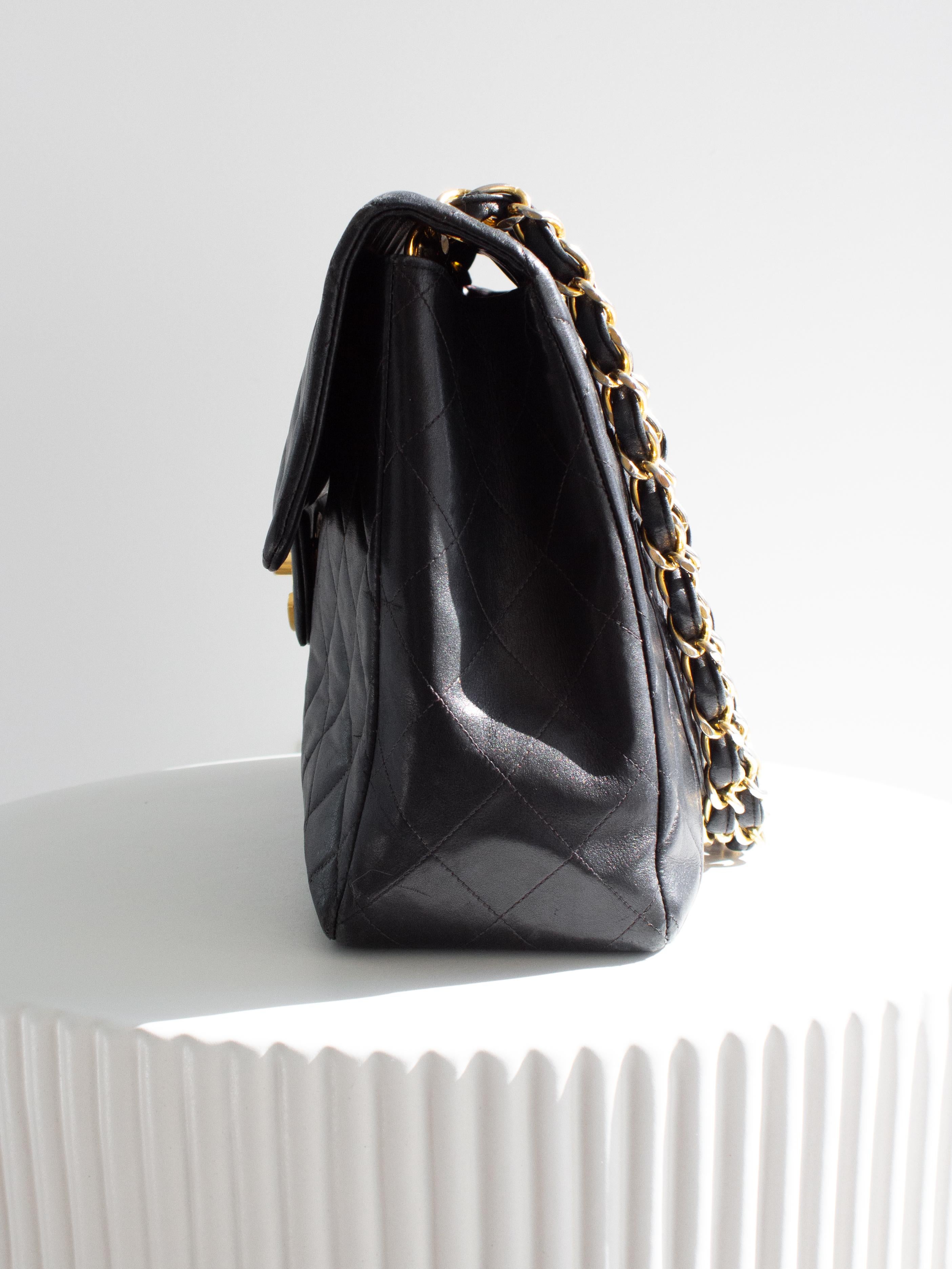 Chanel Vintage Black 24K Gold Quilted Lambskin Jumbo XL Maxi Classic Flap Bag For Sale 1