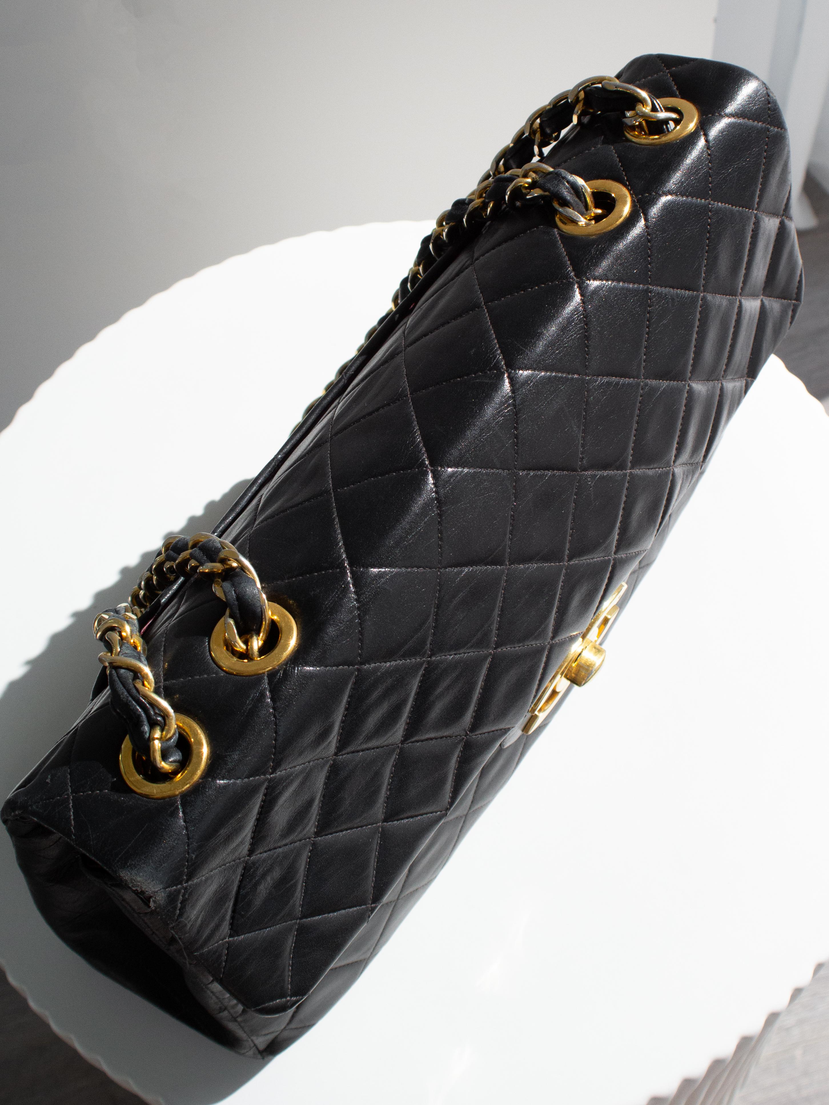 Chanel Vintage Black 24K Gold Quilted Lambskin Jumbo XL Maxi Classic Flap Bag For Sale 2