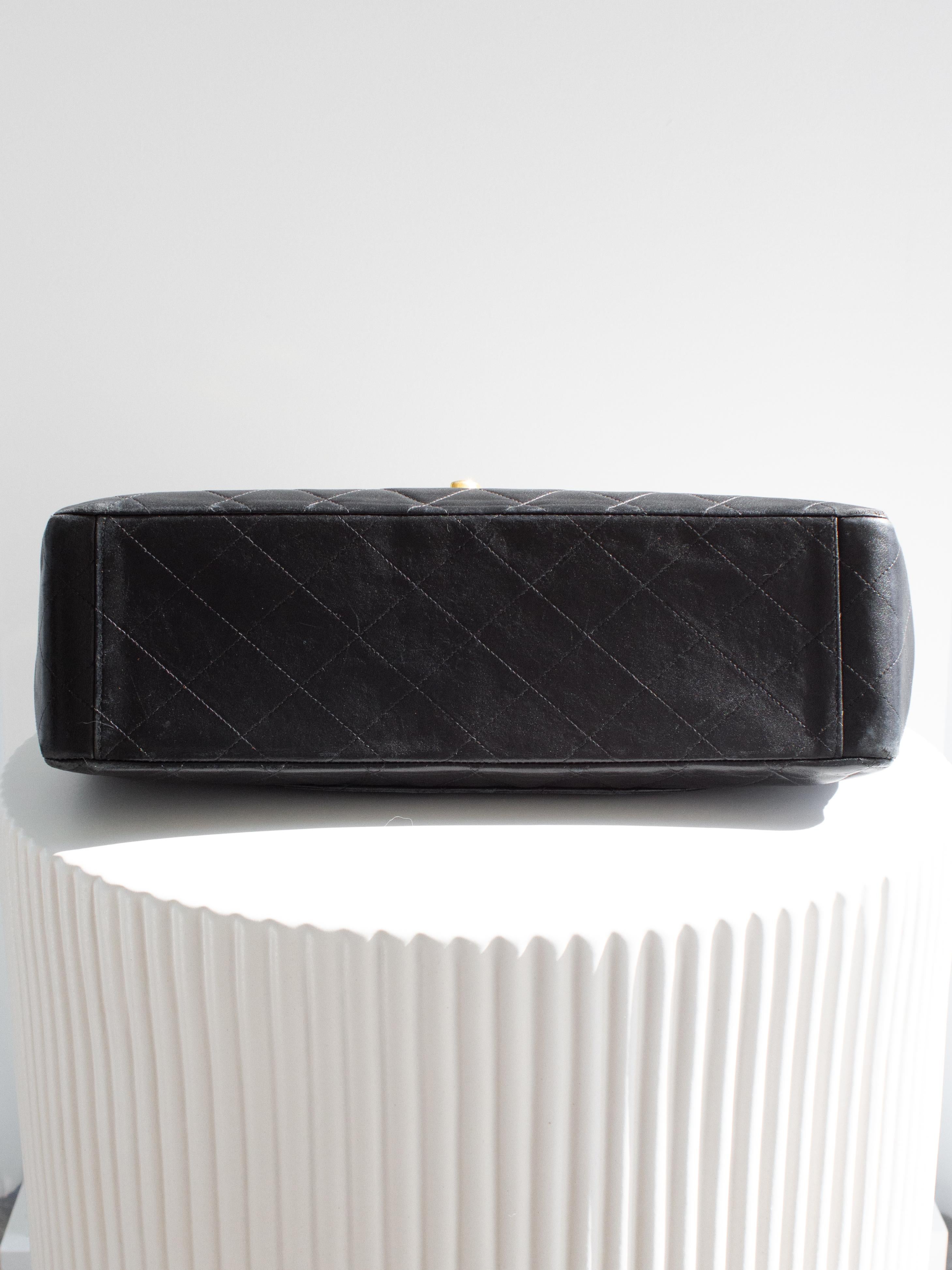 Chanel Vintage Black 24K Gold Quilted Lambskin Jumbo XL Maxi Classic Flap Bag For Sale 3