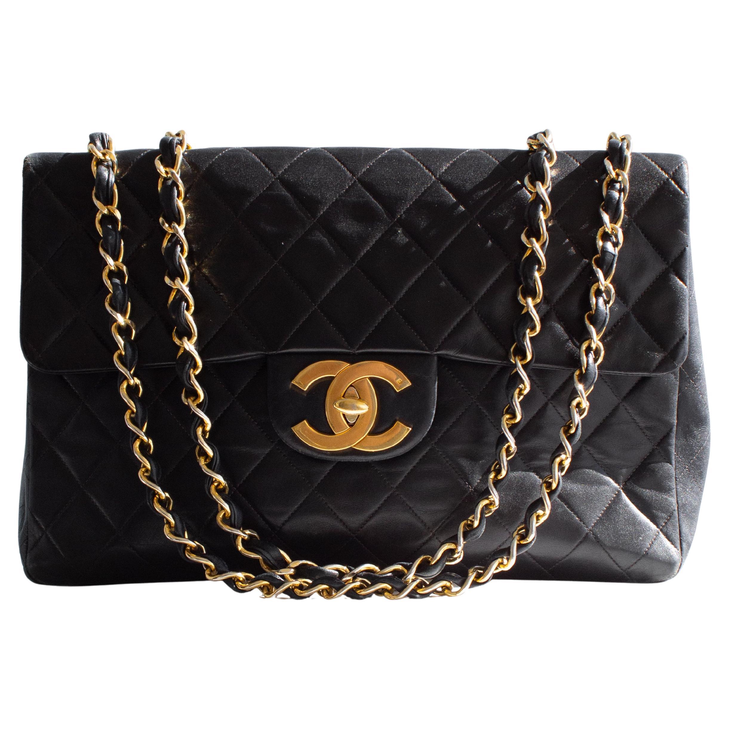 Chanel Vintage Black 24K Gold Quilted Lambskin Jumbo XL Maxi Classic Flap Bag For Sale