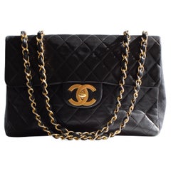 Chanel Vintage Black 24K Gold Quilted Lambskin Jumbo XL Maxi Classic Flap Bag