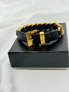 CHANEL Vintage Black and Gold Chain Buckled Leather Bracelet