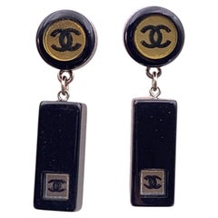 Chanel Vintage Black and Golden CC Logo Drop Pierced Earrings