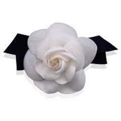 Chanel Vintage Black and White Silk Bow Brooch Camellia Camelia