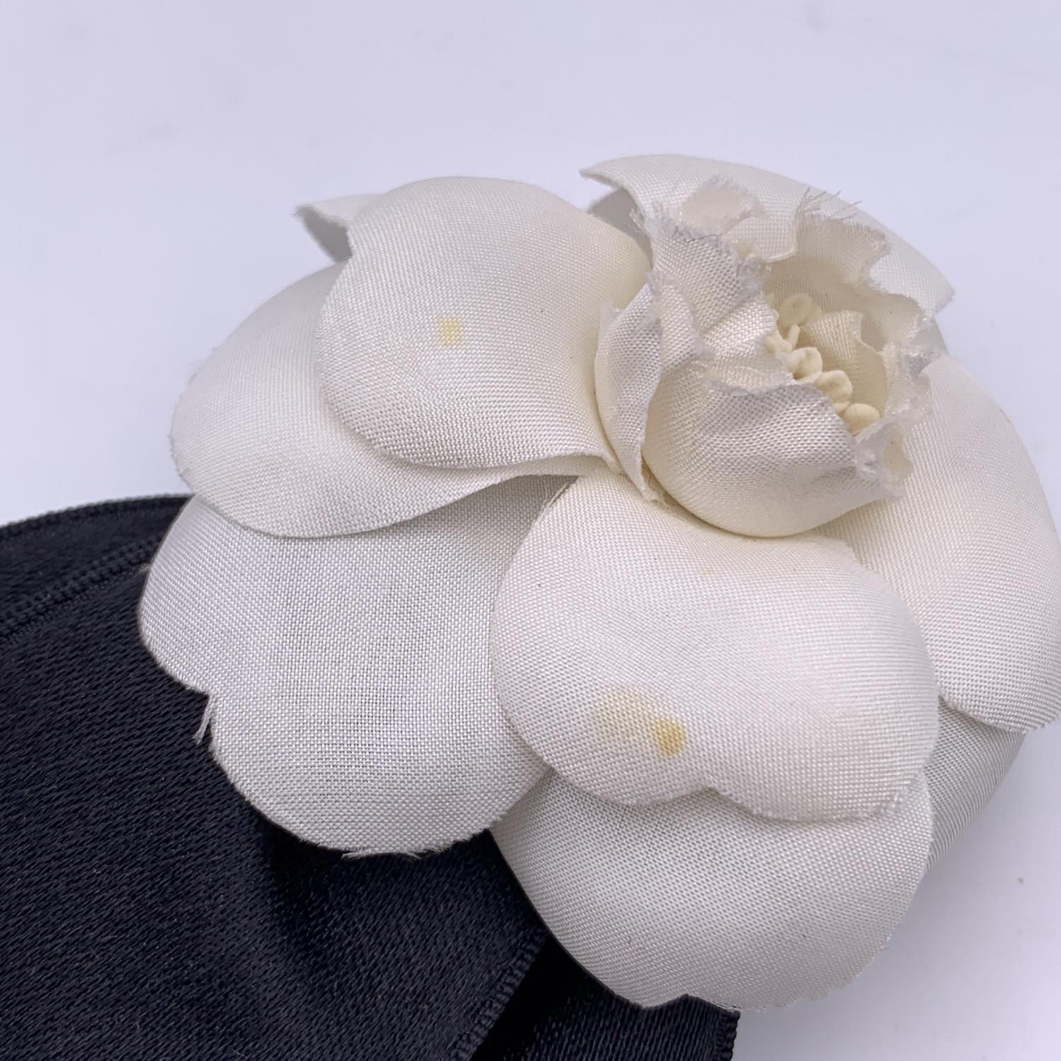 Women's Chanel Vintage Black and White Silk Camellia Camelia Bow Brooch