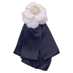Chanel Vintage Black and White Silk Camellia Camelia Bow Brooch