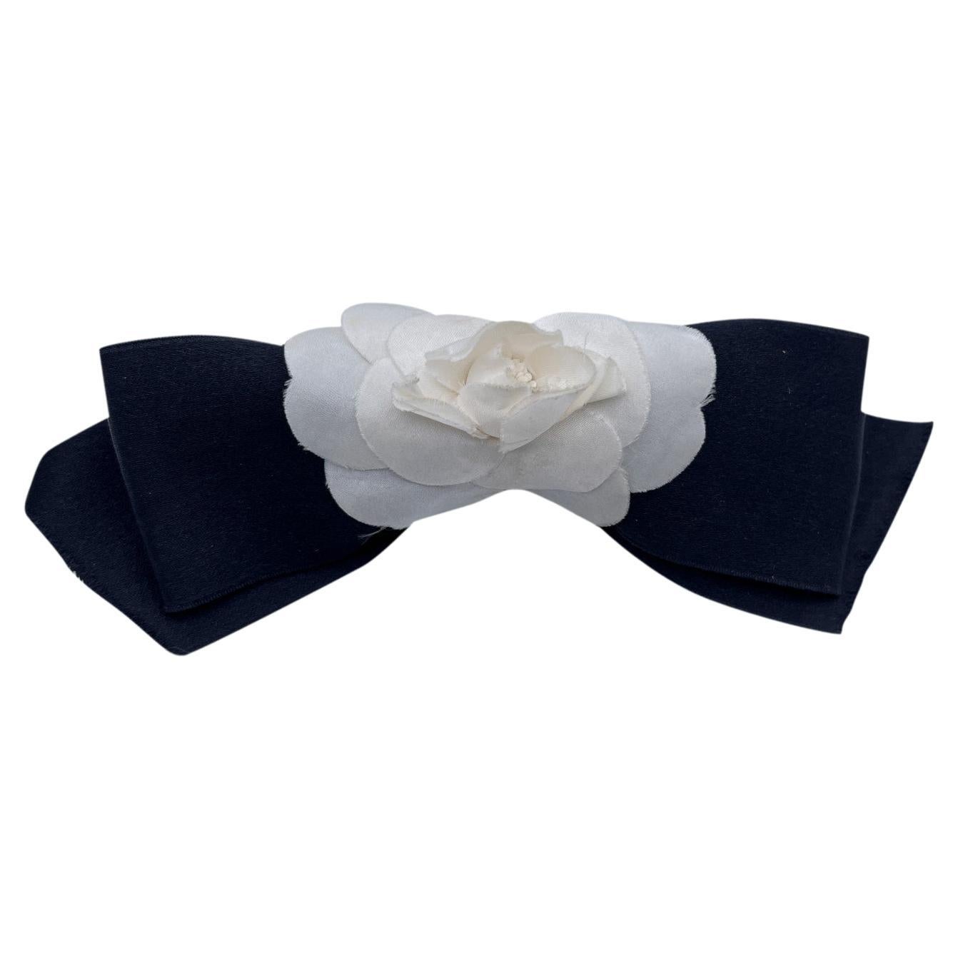 Chanel Vintage Black and White Silk Camellia Camelia Bow Hair Clip