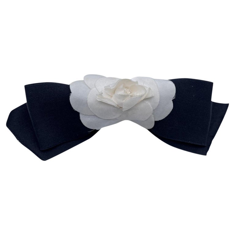 Chanel Vintage Black and White Silk Camellia Camelia Bow Hair Clip For