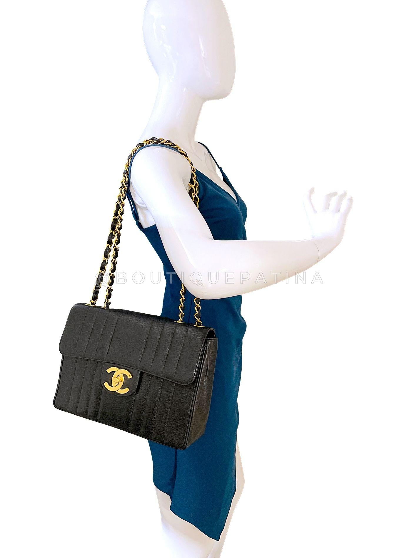 Chanel Vintage Black Caviar Jumbo Classic Flap Bag 24k GHW Mademoiselle 68613 For Sale 11