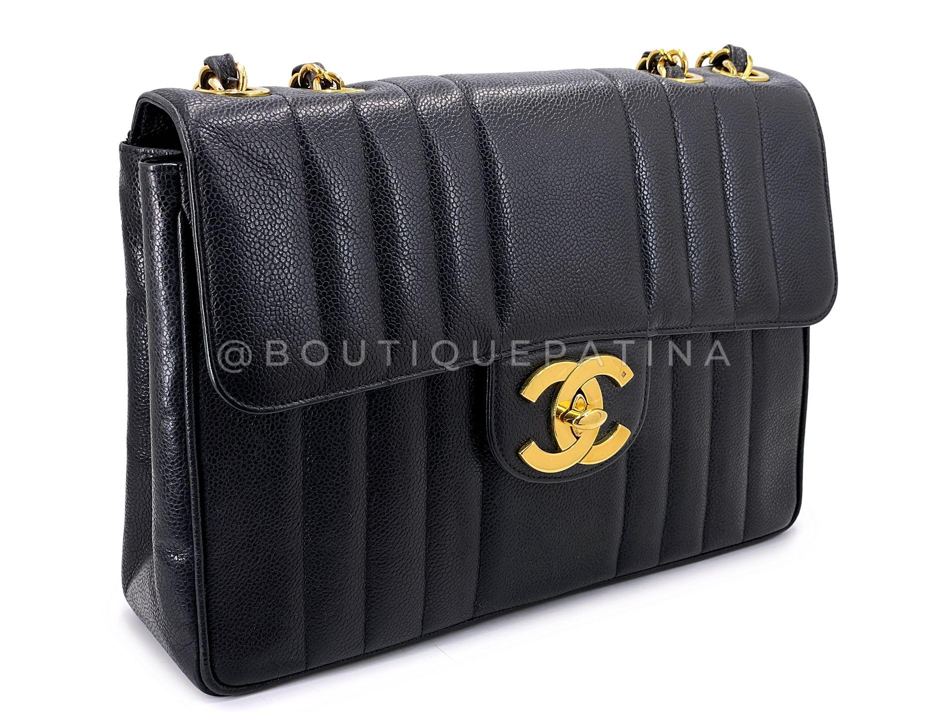 Chanel Vintage Black Caviar Jumbo Classic Flap Bag 24k GHW Mademoiselle 68613 In Excellent Condition For Sale In Costa Mesa, CA