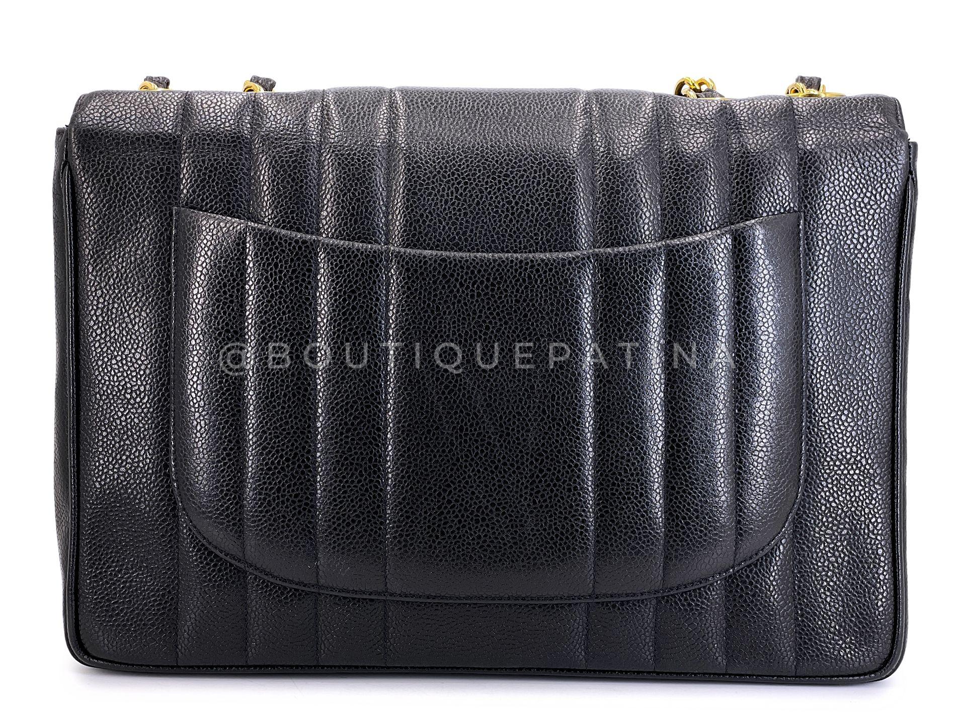Chanel Vintage Black Caviar Jumbo Classic Flap Bag 24k GHW Mademoiselle 68613 For Sale 1