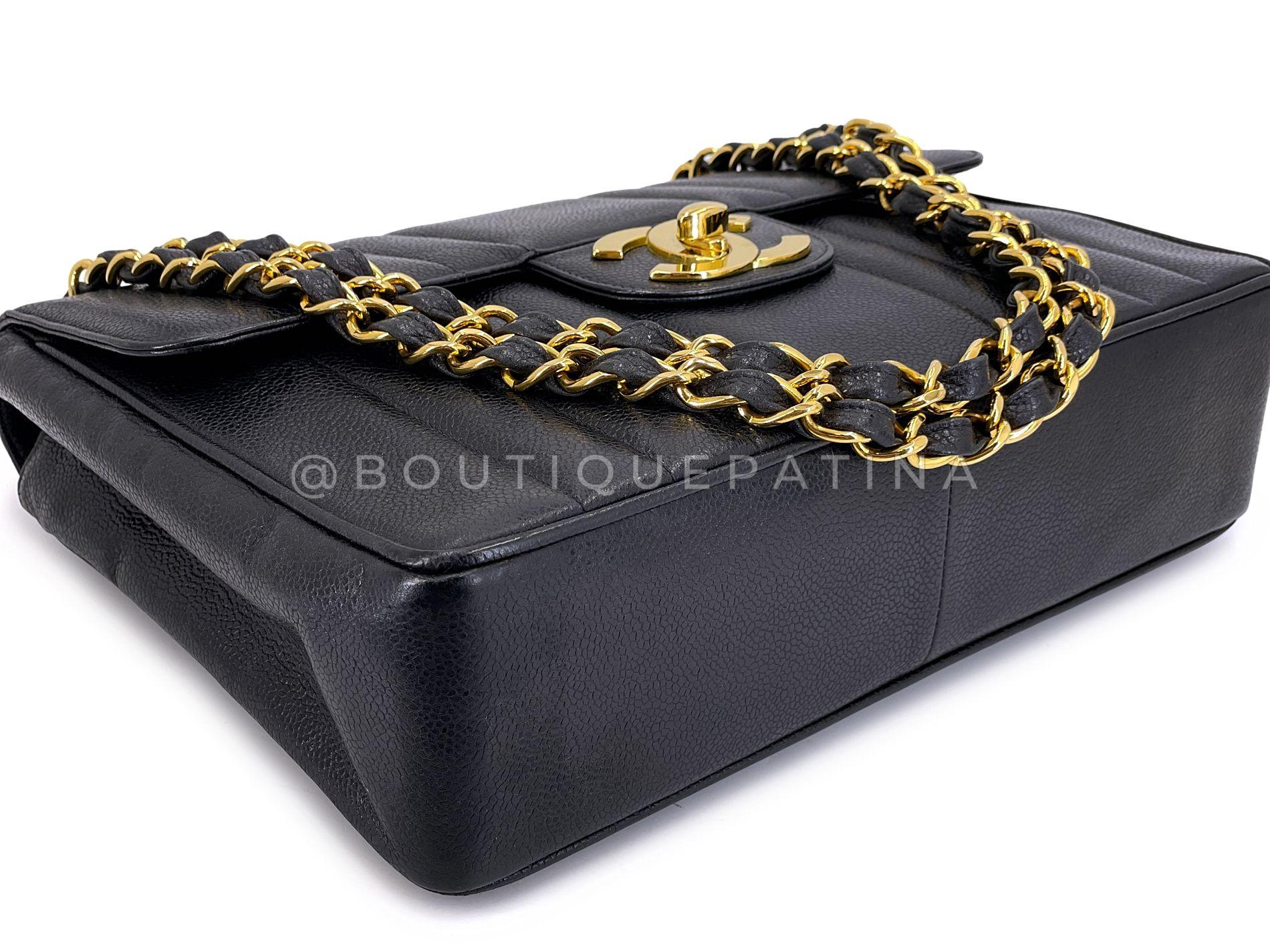 Chanel Vintage Black Caviar Jumbo Classic Flap Bag 24k GHW Mademoiselle 68613 For Sale 3