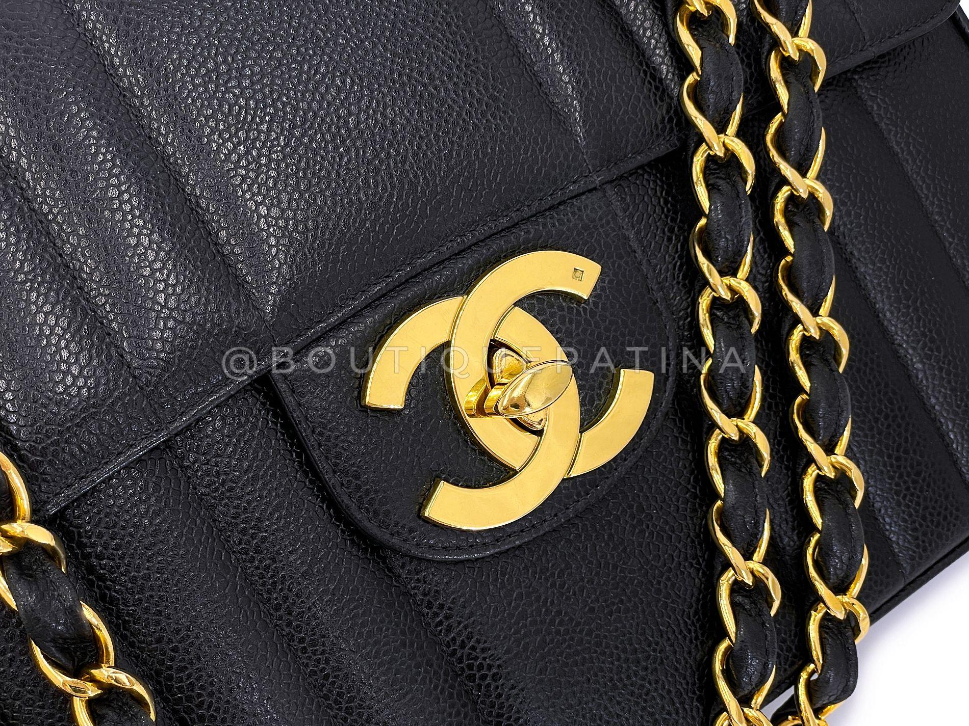 Chanel Vintage Black Caviar Jumbo Classic Flap Bag 24k GHW Mademoiselle 68613 For Sale 4