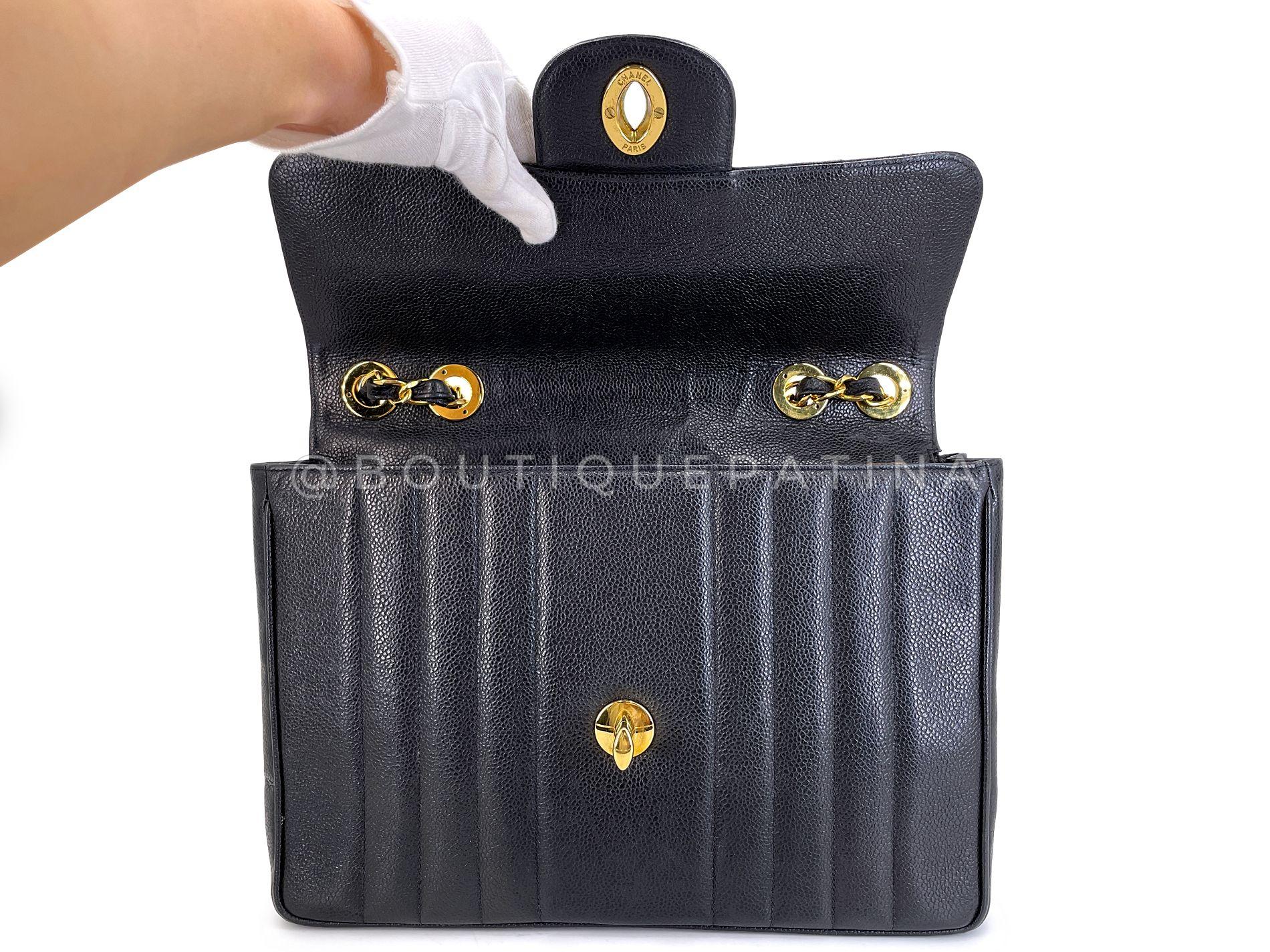 Chanel Vintage Black Caviar Jumbo Classic Flap Bag 24k GHW Mademoiselle 68613 For Sale 5