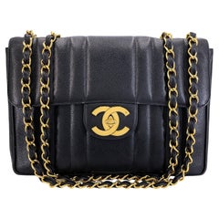 Chanel Vintage Black Caviar Jumbo Classic Flap Bag 24k GHW Mademoiselle 68613