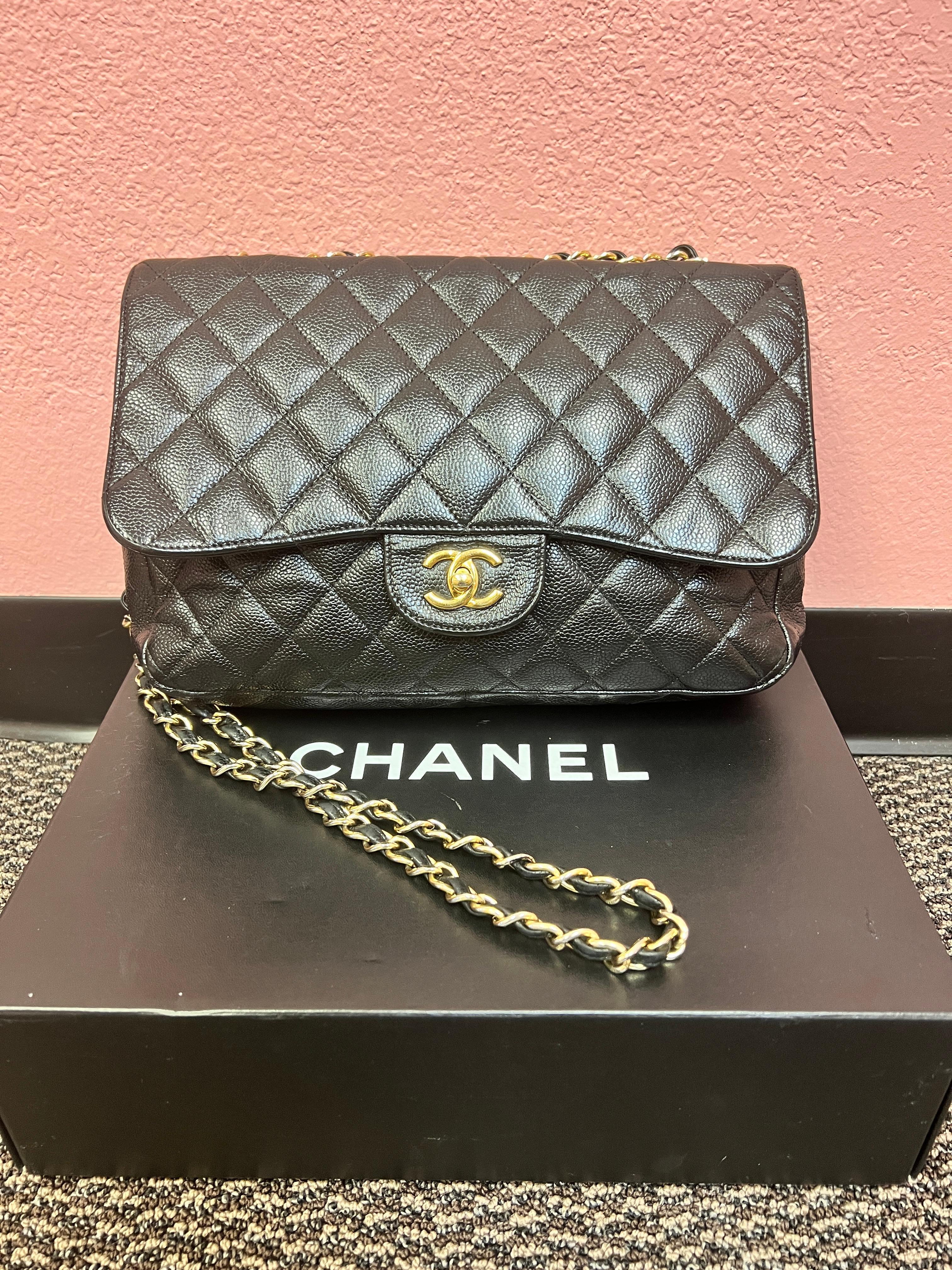 The quality of vintage-made Chanel with a price that cannot be replicated. 

The Classic Chanel  Flap that everyone wants and needs. 

Caviar, black leather with gold detailing. Interior pockets as well as a back pocket. Can be worn with a double