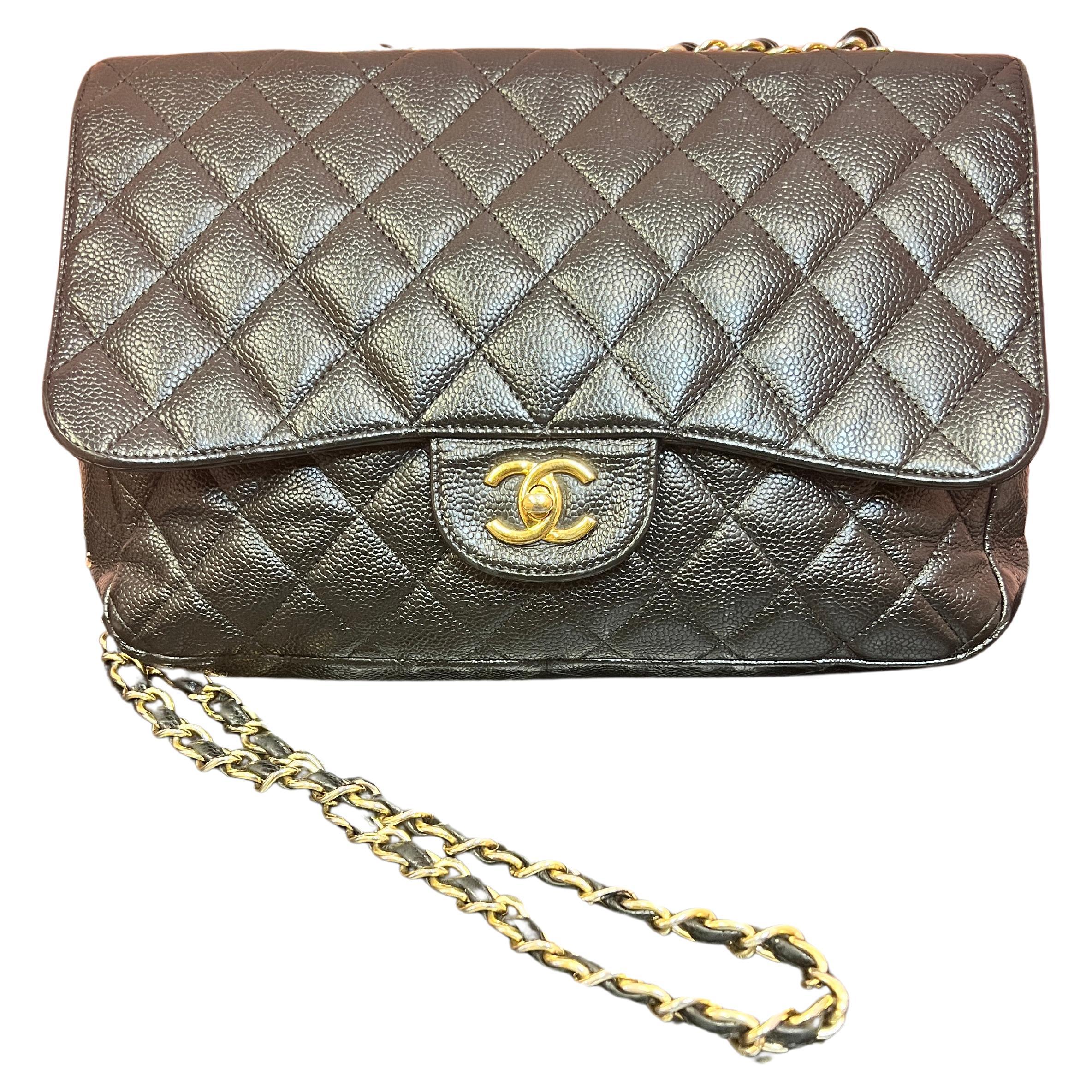 Chanel Vintage Black Caviar Jumbo Flap Bag  For Sale