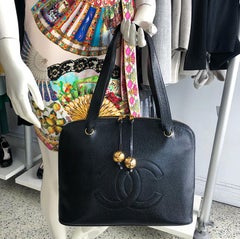 Chanel Vintage Black Caviar Leather CC Logo Zip Top Bag
