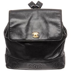 Chanel Vintage Black Caviar Leather Classic Flap Backpack 