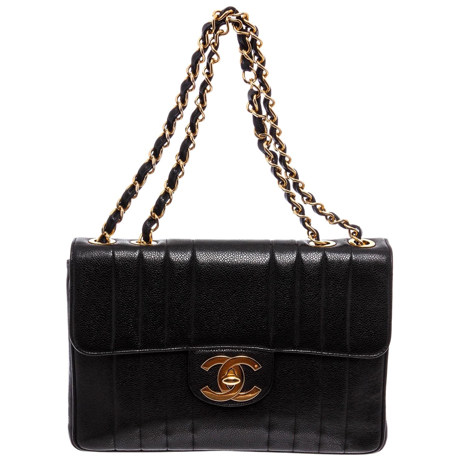Chanel Vintage Black Caviar Leather Jumbo Vertical Quilted Single Flap Bag  at 1stDibs