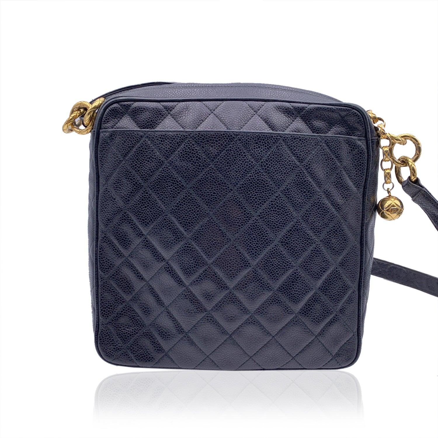 Vintage rare Chanel quilted crossbody bag, crafted in black caviar leather. Gold metal hardware. From the 1994. It features a front flap pocket with CC - CHANEL logo turnlock closure and a rear open pocket. 1 main compartment wit upper zipper