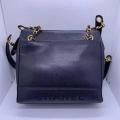 Chanel Vintage Black Caviar Stitched Logo Chain Shoulder Tote Bag