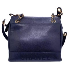 Chanel Vintage Black Caviar Stitched Logo Chain Shoulder Tote Bag