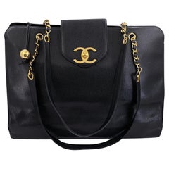 Chanel Used Black Caviar Supermodel Tote Bag XL Weekender 68101