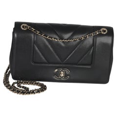 Chanel Vintage Black Chevron Quilted Sheepskin Medium Mademoiselle Flap Bag