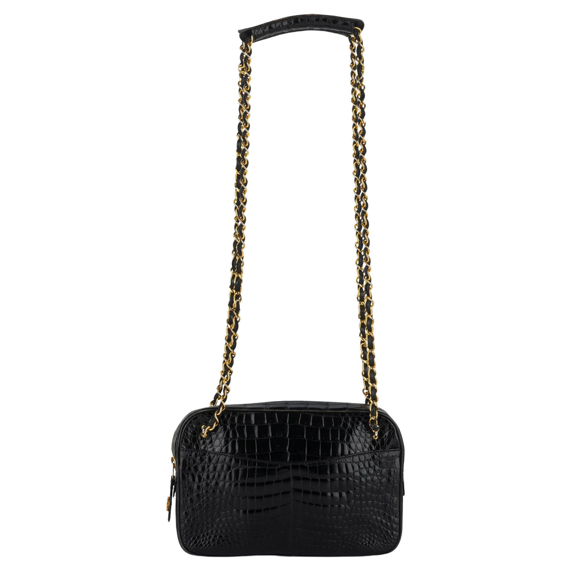 Chanel Vintage Black Croc Shoulder Bag For Sale