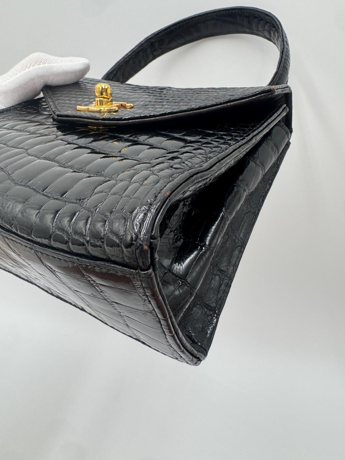Chanel Vintage Black Crocodile Top Handle Bag For Sale 8