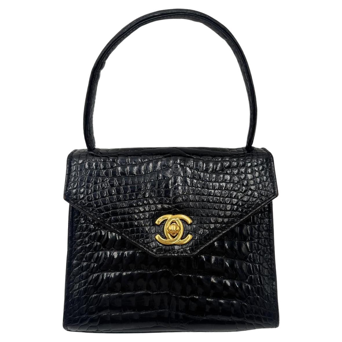 Chanel Vintage Black Crocodile Top Handle Bag For Sale